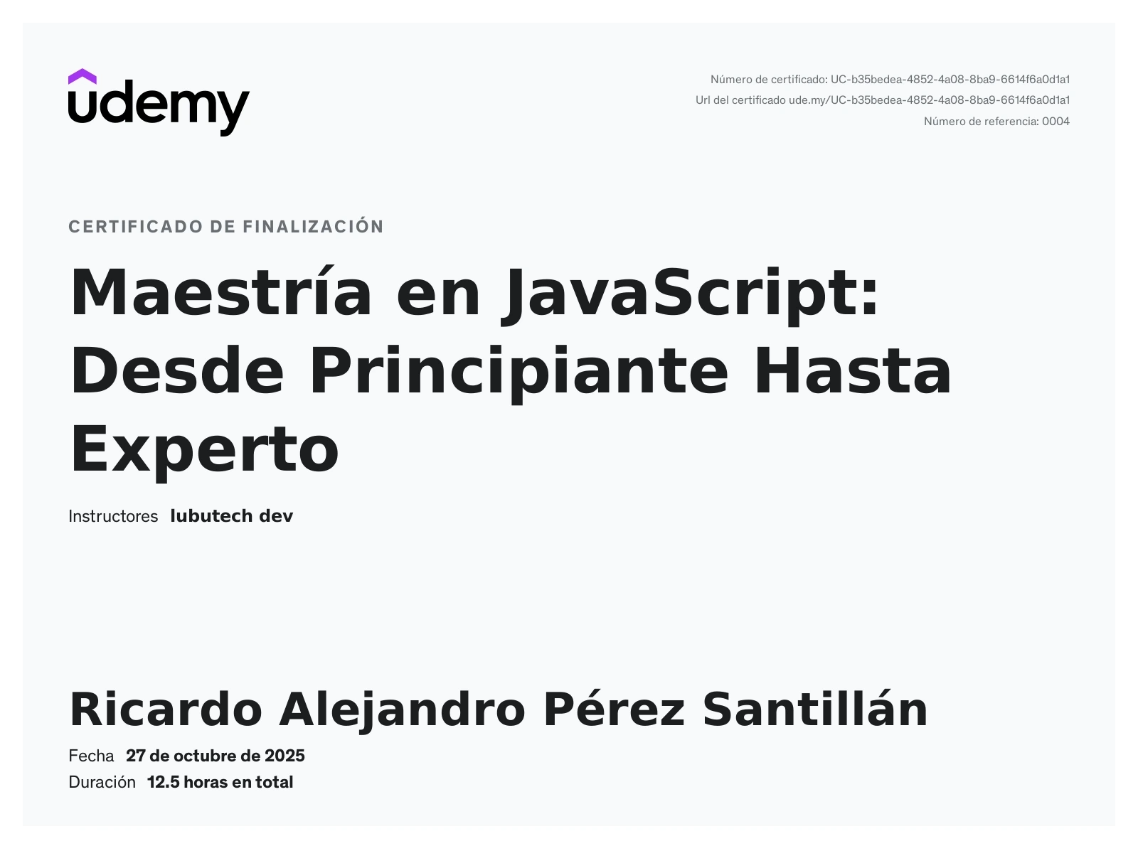 JavaScript Udemy Certificate